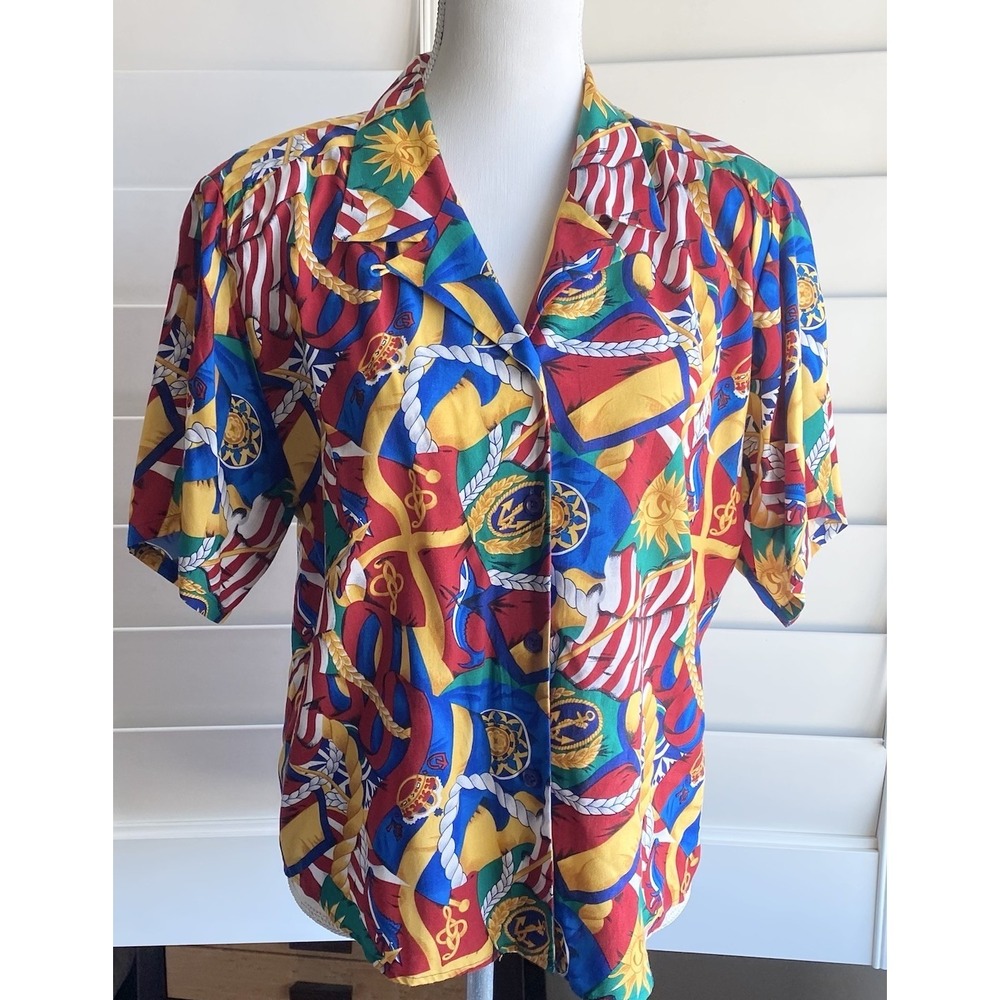 Vtg Pendleton 90s Nautical Blouse Petite 8 Sailboat Rope Print‎ Rayon Shirt